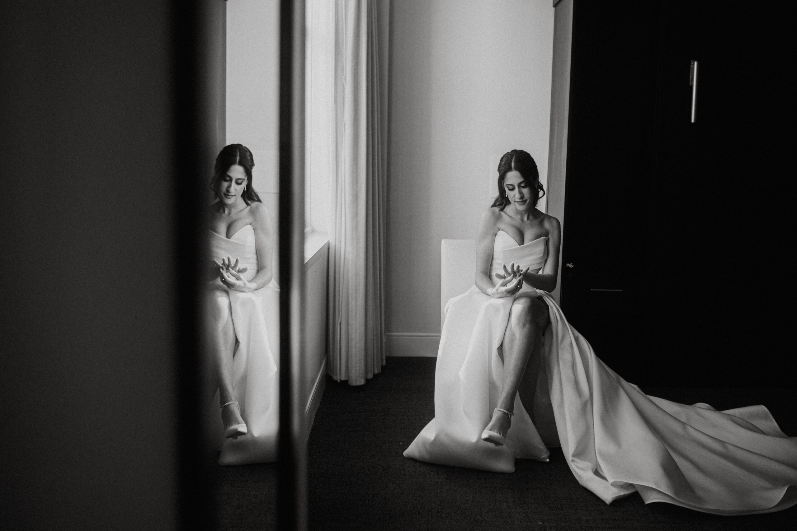 beautiful bride getting ready in Philadelphia with mirror reflection